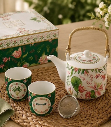 Tetera de porcelana Botanic Chic Easy Life con infusor y 2 tazas