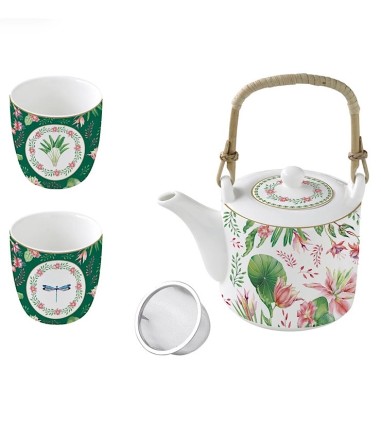Tetera de porcelana Botanic Chic Easy Life con infusor y 2 tazas