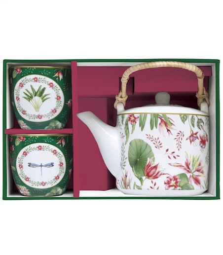 Caja de presentación de Tetera de porcelana Botanic Chic Easy Life con infusor y 2 tazas