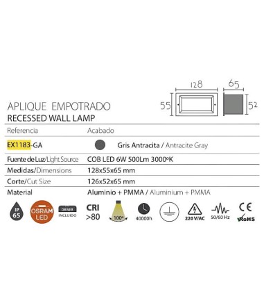 Características del Aplique exterior empotrable rectangular IP65 EX1183-GA - Ineslam