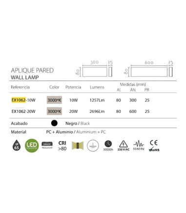Características Aplique pared exterior negro IP65 EX1062 - Ineslam