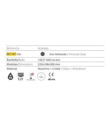 Características del Aplique exterior EX1167-GA E27 IP54 gris antracita | Ineslam