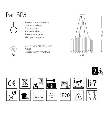 Características Lámpara colgante PAN SP5 ORO 208817 IDEAL LUX