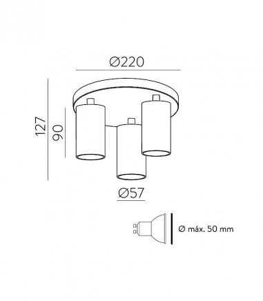 Medidas de GINA · Plafón de 3 focos GU10 orientables · ACB
