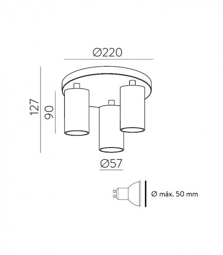Medidas de GINA · Plafón de 3 focos GU10 orientables · ACB
