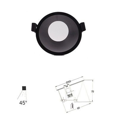 Medidas. Aro LAMBORJINI COMFORT GU10 FIJO 45º Negro Mate Redondo 6844 Mantra