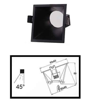 Dimensiones: Aro LAMBORJINI COMFORT GU10 FIJO 45º Negro Mate Cuadrado 6846 Mantra