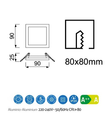 Downlight LED SAONA Cuadrado 6W Blanco Empotrable Mantra