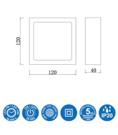 Características: Plafón Superficie Saona 8w Cuadrado Mantra 6628 (3000K), 6629 (4000K)