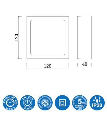Características: Plafón Superficie Saona 8w Cuadrado Mantra 6628 (3000K), 6629 (4000K)