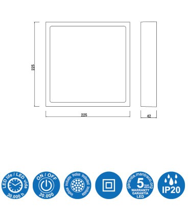 Características y dimensiones: Plafón Superficie Saona 24w Cuadrado Mantra 6632 (3000K) 6633 (4000K