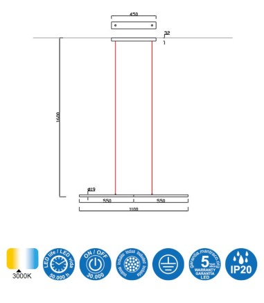 Características TORCH, Colgante negro LED 22w 6826 Mantra