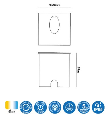 Medidas: Foco Aspen 3W Blanco Cuadrado Señalizador IP65 7026 Mantra
