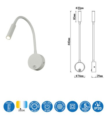Características: Aplique Lector BOAVISTA 3w Blanco 6046 Mantra
