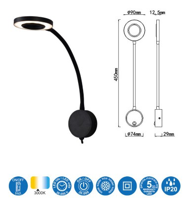 Características Aplique led brazo Lector BOAVISTA 5w Negro 6051 Mantra