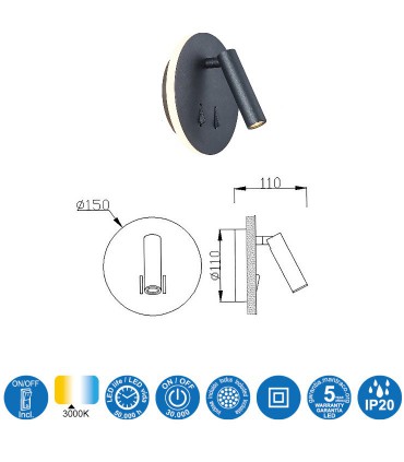 Características Aplique de pared Cayman LED 3+6w, 6083 negro Mantra