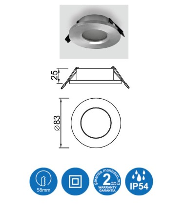 Características: Aro ATLANTIS GU10 IP54 Aluminio Plata Redondo Empotrable 6406 Mantra