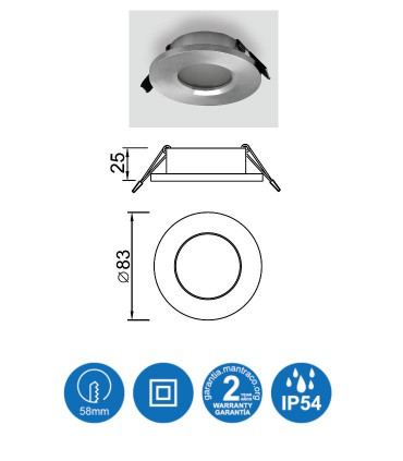 Características: Aro ATLANTIS GU10 IP54 Aluminio Plata Redondo Empotrable 6406 Mantra