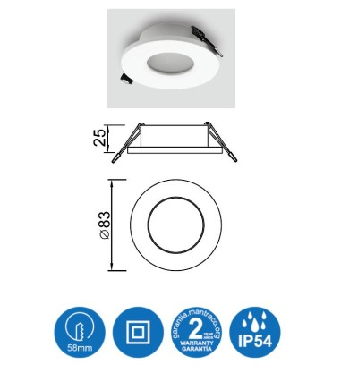 Medidas: Aro ATLANTIS GU10 IP54 Blanco Mate Redondo Empotrable 6405 Mantra