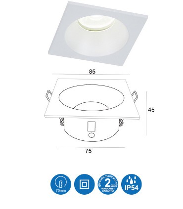 Medidas: Aro COMFORT GU10 IP54 Blanco Mate Cuadrado Empotrable 6812 Mantra