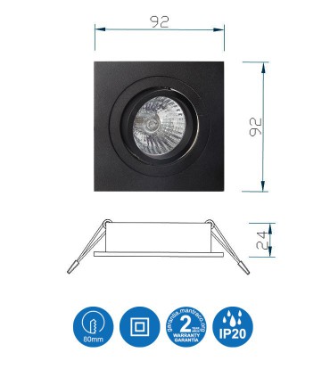 Características Aro Foco Empotrable Cuadrado Negro BASIC Orientable C0008 Mantra
