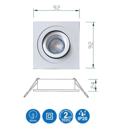 Características Aro Foco Empotrable Cuadrado Blanco BASIC  Orientable C0004 Mantra