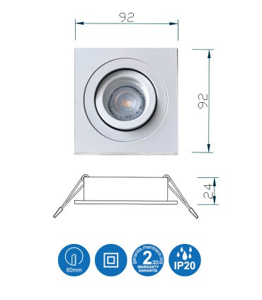 Características Aro Foco Empotrable Cuadrado Blanco BASIC  Orientable C0004 Mantra