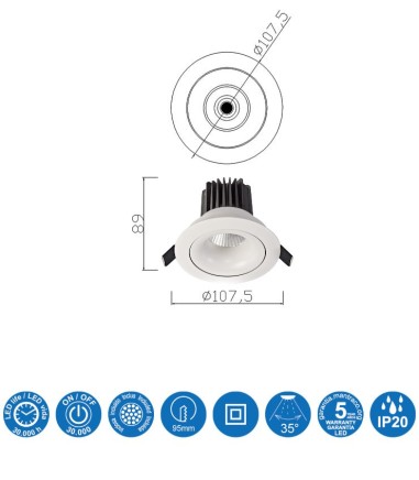 Características Foco Empotrable FORMENTERA LED 12W Blanco Basculante Mantra