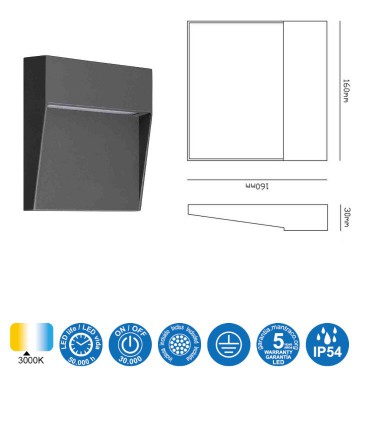 Características Señalizador Exterior BAKER 6w Cuadrado gris 7015 IP54 Mantra