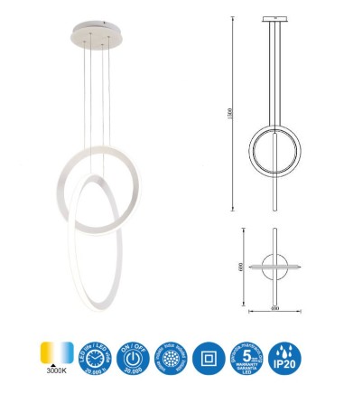 Medidas Lámpara colgante KITESURF LED 48W Blanco 7191 Mantra