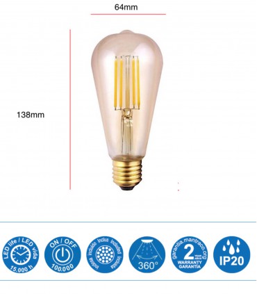 Bombilla Led VINTAGE Ambar E-27 6.5W 650Lm ST64 R09228 Mantra