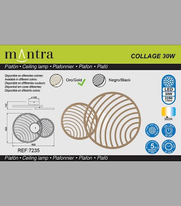 Detalles Plafón Collage Oro 30W 3000K 2250lm 7235 Mantra